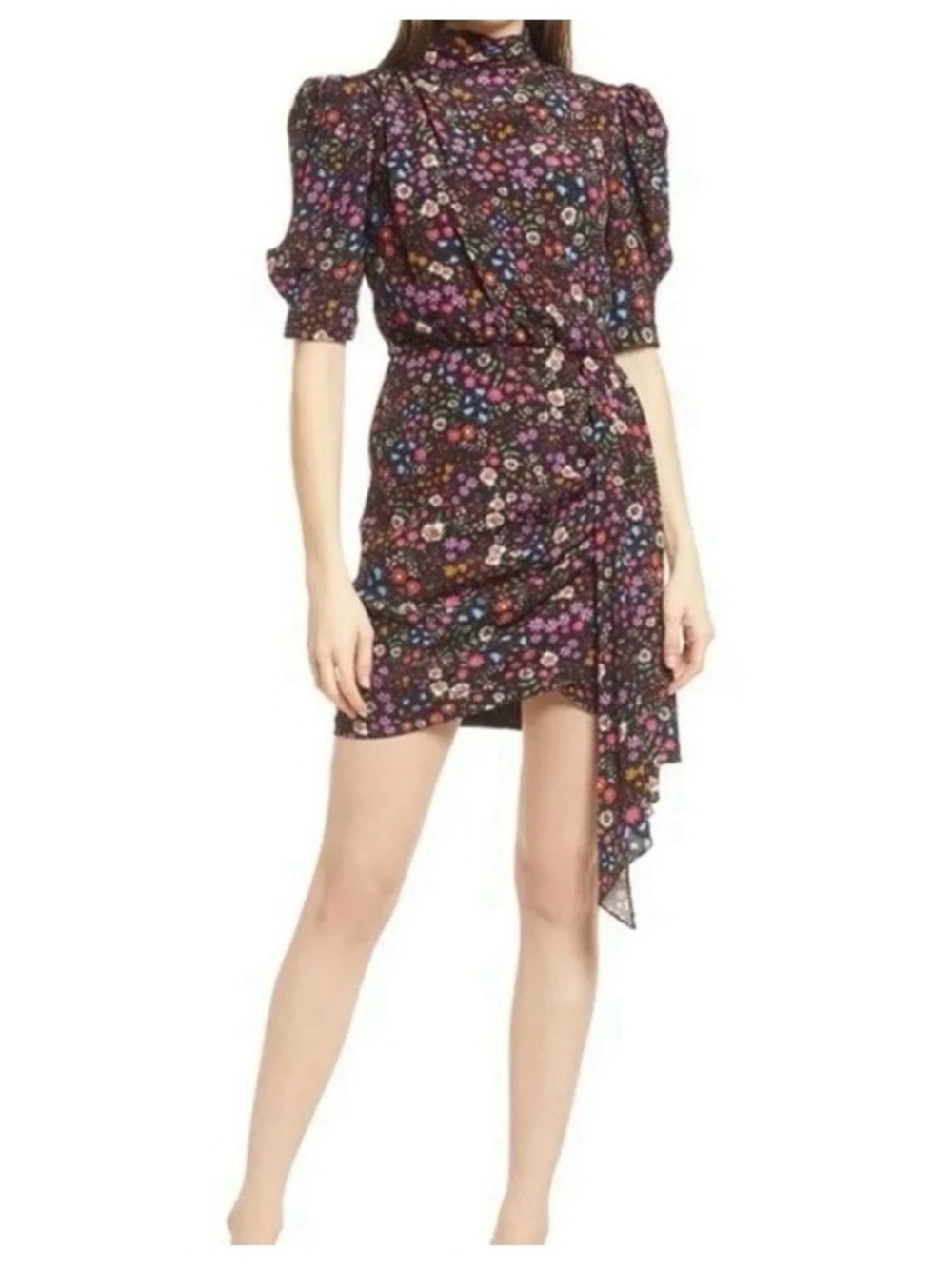 SAYLOR Vivienne Black Floral High-Neck Puff-Sleeve Mini Dress with Side Drape